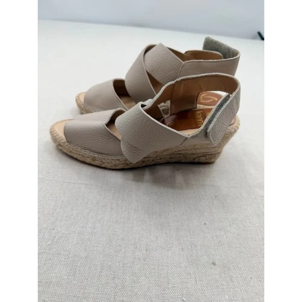 kanna Taupe Textured Leather Espadrille Wedge Sandals
